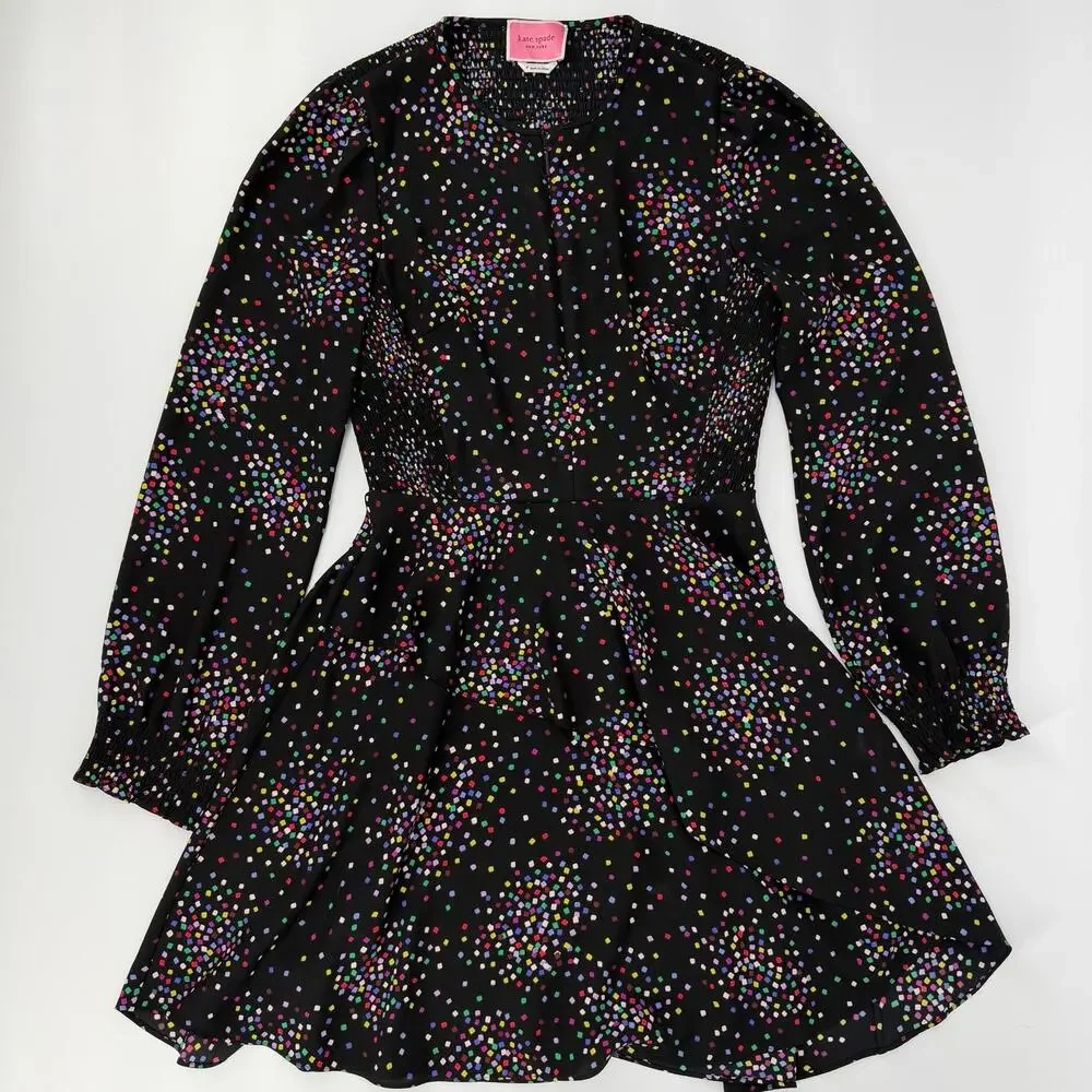 Kate Spade Confetti Pop Smocked Midi Dress Black Multicolor Cheer Size 4